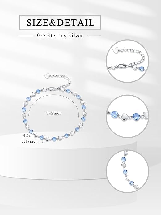 Birthstone Charm Link Bracelet 925 Sterling Silver Rose/Heart/Mom Bracelet with 12 Months Birthstone Mother's Day Gift Jewelry Gifts for Women,Chain Length 7"+2" Extend