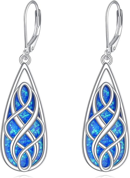 VONALA White Opal Celtic Knot Dangle Drop Earrings for Women 925 Sterling Silver Boho Chic Jewelry Gift for Women