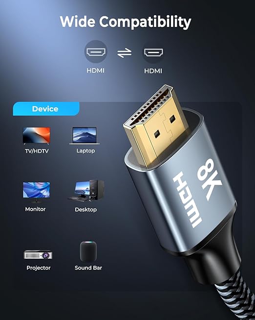 8K HDMI Cable 12ft, 48Gbps High Speed HDMI 2.1 Cable, HDMI Cord 8K@60Hz 4K@120Hz Support for HDR eARC HDCP 2.2&2.3, HDMI Cable 2.1 Compatible with HDTV, Laptop, Monitor, PC