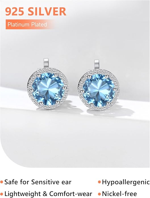 Silvora 925 Silver 8MM Cubic Zirconia Birthstone Clip On Stud Earrings Round Non Pierced Earrings For Women,Come with Box