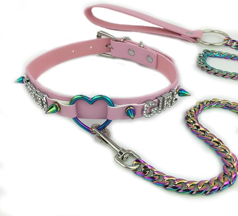 Succuba Handmade Heart Ring Rhinestone Letter Pu Leather Choker Collar Necklace for Women and Men