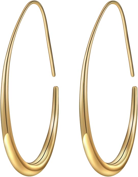 Lightweight Teardrop Hoop Earrings for Women - 14k Gold/White Gold Plated Large Oval Pull Through Hoop Earrings High Polished Statement Jewelry Gift for Women