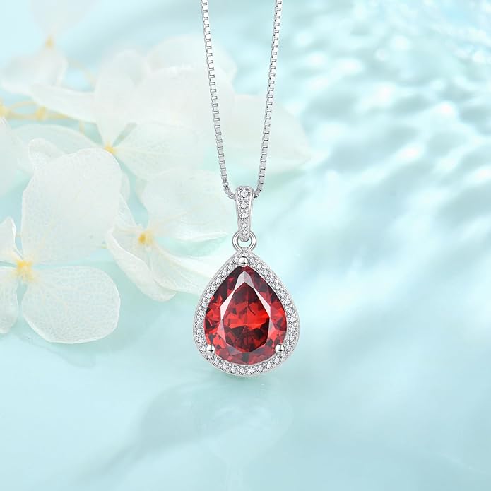 FJ Teardrop Pendant Necklace 925 Sterling Silver Birthstone Jewelry Gifts for Women