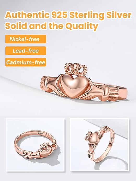 Bestyle 925 Sterling Silver Ring for Women, Minimalist Claddagh Ring Celtic Knot Ring for Women, Irish Promise Wedding Band, Gold/Rose Gold Vermeil Women Band Ring, Stackable, Gift for Her