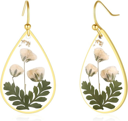 Forget-Me-Not and Queen Anne's Lace Pressed Wildflower Earrings | Pressed Flower Earrings | Handmade Drop and Dangle Earrings | Gift for Woman