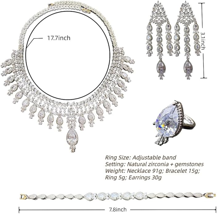 Rhinestone Wedding Bridal Jewelry Set Women's Prom-Style Necklace, Earrings, Bracelet, Ring Bridesmaid Gift Pairs with Evening Gown