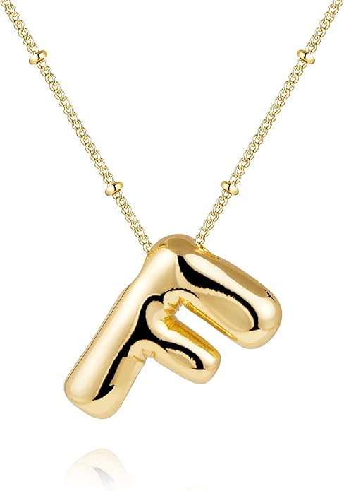 Inerney Valentines Day Gifts Gold Bubble Letter Necklace Initial Necklaces for Women, Chunky 14K Plated Balloon Initials, Trendy Charm Non Tarnish Custom Name Pendant Jewelry Gifts for Mom