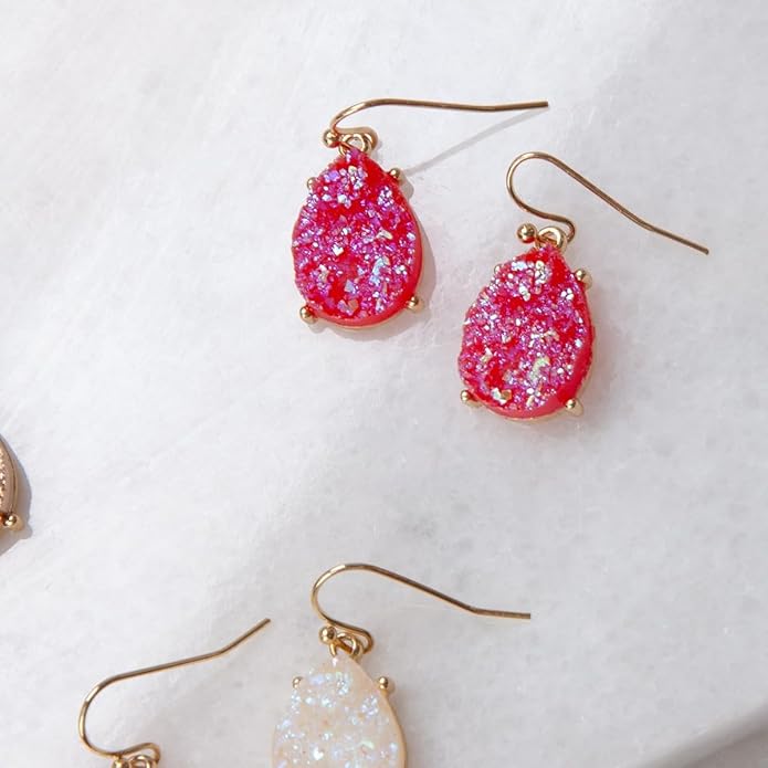 Teardrop Dangle Earrings for Women with Simulated Druzy Stones in Gold or Silver Tone