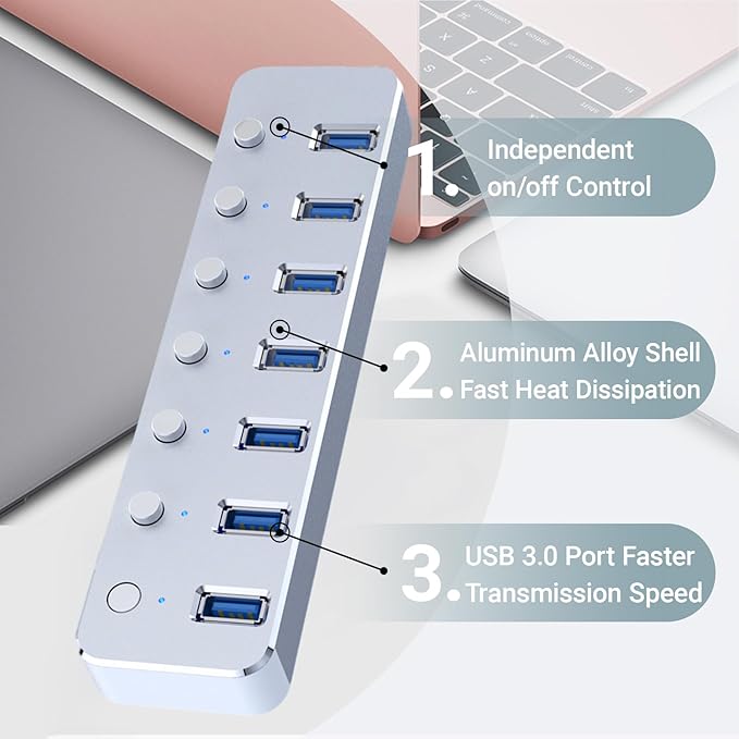 USB 3.0 Hub 7 Port USB Hub with 2ft Long Cable Aluminum USB Hub for Laptop and PC with Individual On/Off Switch and LED Indicator