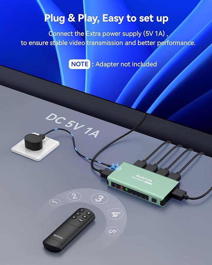 HDMI Switch 5 in 1 Out 4K@60Hz, GANA HDMI Splitter Switcher with Remote, Aluminum HDMI 2.0 Switch Box Hub for 3D, HDCP2.2, HDR, Compatible with Xbox, PS5/4/3,Fire Stick,Roku,Blu-Ray Player, Mint Green