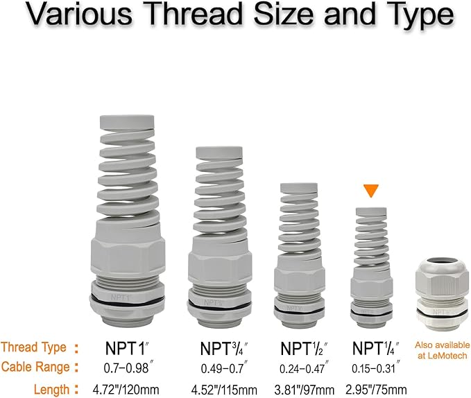 LeMotech 10Pcs NPT 1/4" IP68 Waterproof Cable Gland Flex Spiral Strain Relief Grey Nylon Joint with Gaskets for 4-8mm Wire Thread