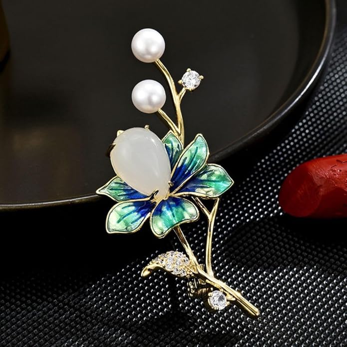 Enamel Iris Brooch - 18K Gold-plated Pin with Pearls & Rhinestones - Women's & Girls' Jewelry Gift