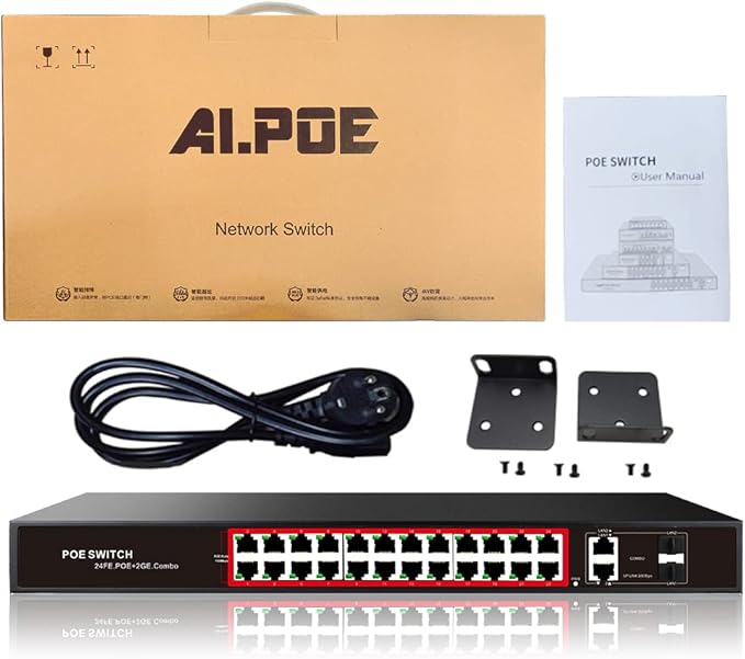 STEAMEMO 28 Port PoE Switch, 24 PoE+ Port@ 360W, 2 Gigabit Uplink, 2*1G SFP, 802.3af/at, Metal Casing 19-inch Rackmount, Overload Protection w/ Port, Unmanaged Plug and Play