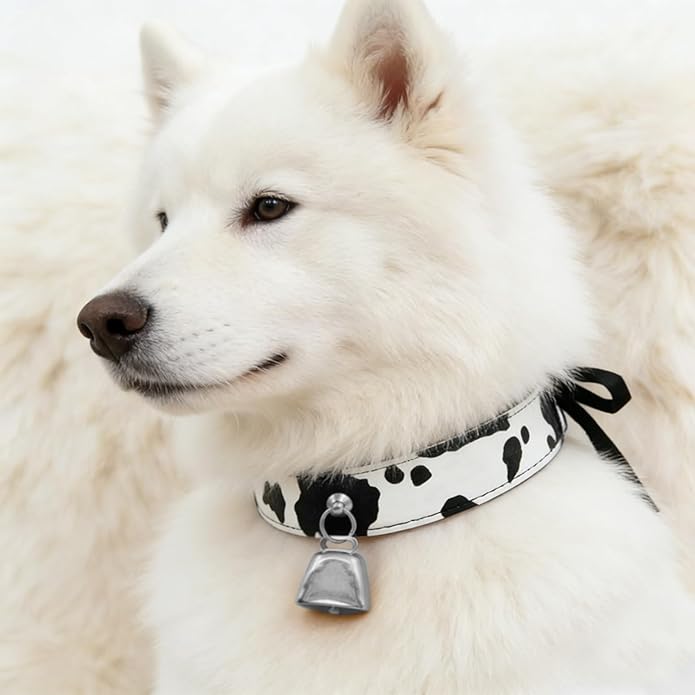 Bell Collar Necklace for Women, Cow Print PU Leather Choker with Flat Ribbon Tie, Anime Cow Cosplay Jewelry Gifts