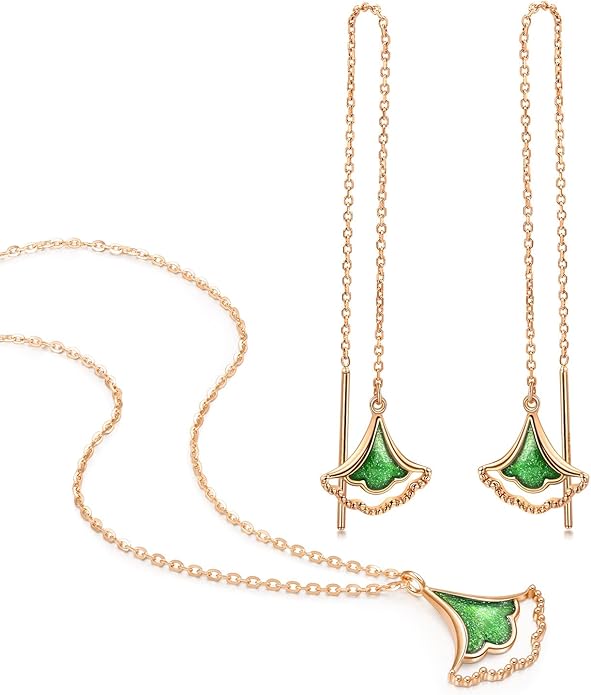 CHOW SANG SANG Delicate Gold 18K Rose Solid Gold Enamel Green Ginkgo Leaf Necklace and Earrings Jewelry Set with Limited Edition Jewelry Box 92255N 92255E