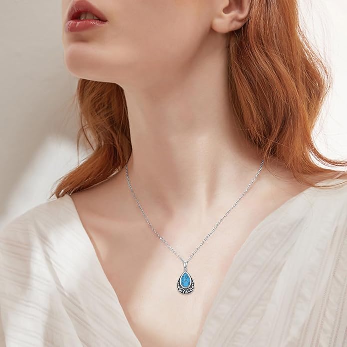Natural Turquoise Necklace, 925 Sterling Silver Teardrop Pendant, Dainty Blue Gemstone Boho Jewelry Gift for Women