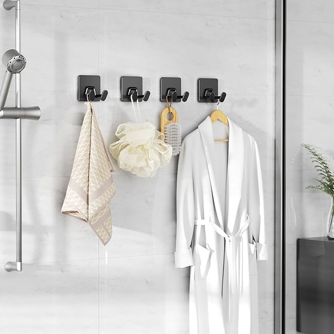 10 Pack Shower Hooks for Inside - Extra Sticky Stainless, Razor Holder Shower Accessories, Wall Mounted Self-Adhesive Hooks for Razor, Loofah, Towel, Coat, Key, Matt Black,