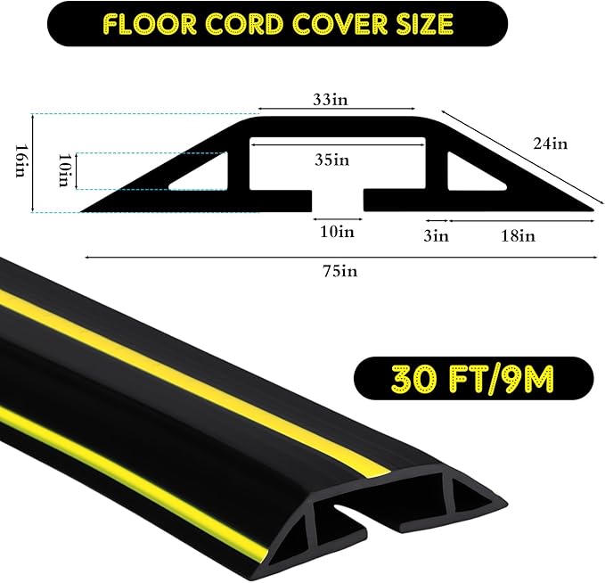 Pangda 30 FT Floor Cable Cover Heavy Duty Cord Cover Protector Power Cable Protector Soft Extension, Organize and Protect Wire on Floor for Home Office or Outdoor Settings (Black, Yellow)