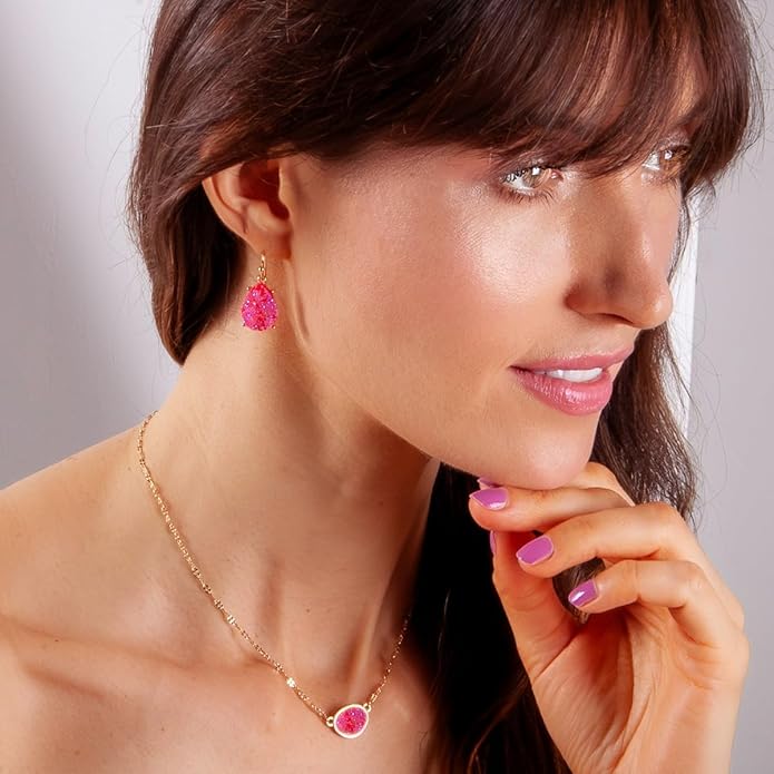 Teardrop Dangle Earrings for Women with Simulated Druzy Stones in Gold or Silver Tone