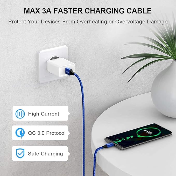 etguuds 6.6ft USB A to USB C Cable 3A Fast Charging, 2-Pack USB A to USB Type C Charger Cord for iPhone 16 15 Pro/Pro Max/Plus, for Samsung Galaxy S24 S23 S22 S21 S20 S10 A55 A54 Flip Note, Moto, Blue