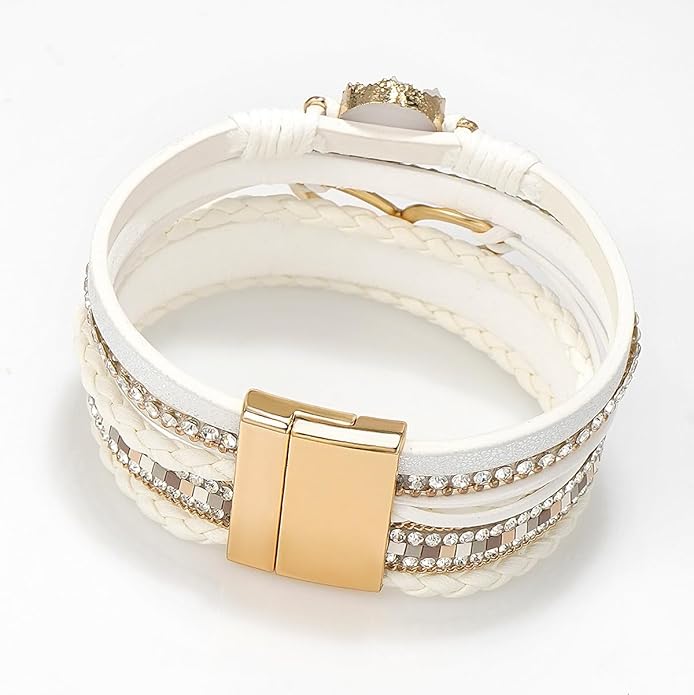 Suyi Multilayer Leather Wrap Bracelet Heart-Shape Wide Cuff Bracelets for Women