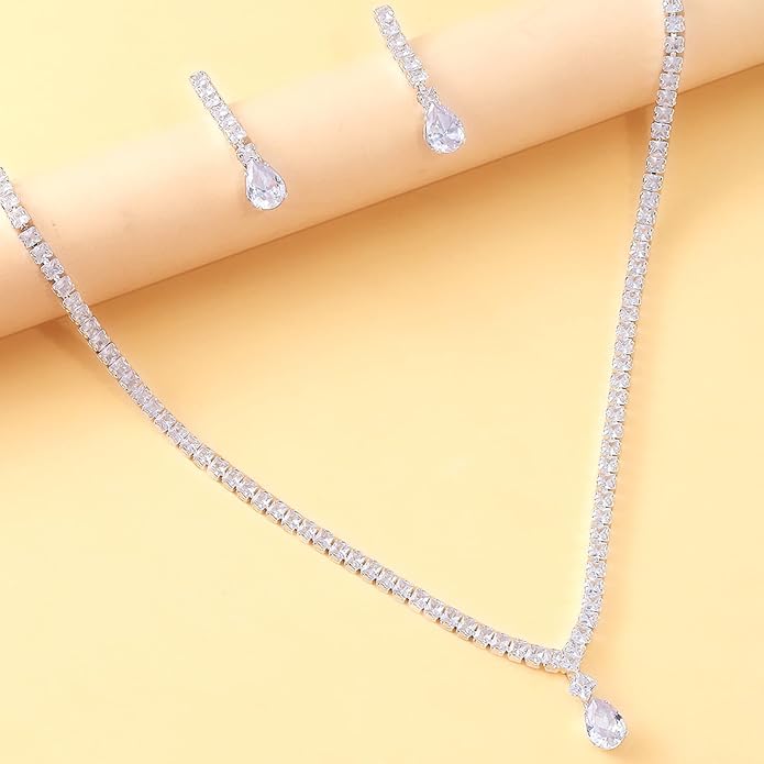 STONEFANS Costume Jewelry for Women - Silver Rhinestone Necklace And Earring Sets for Women Bridesmaid Wedding Jewelry Sets for Brides Wedding Accessories Necklace And Earring Set