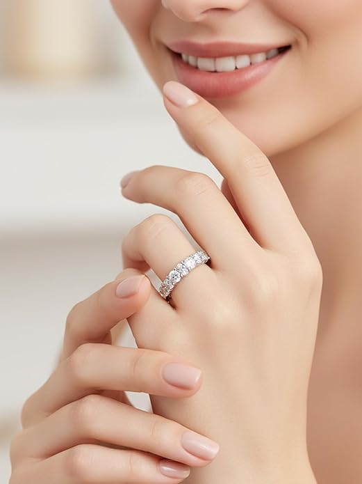 D Color VVS1 Clarity Moissanite Hand Setting Eternity Rings for Women, Solid 925 Sterling Silver Rhodium Finish, Stackable Ring, Wedding Birthday Valentines Anniversary Mothers Day Ideal Gift for Her