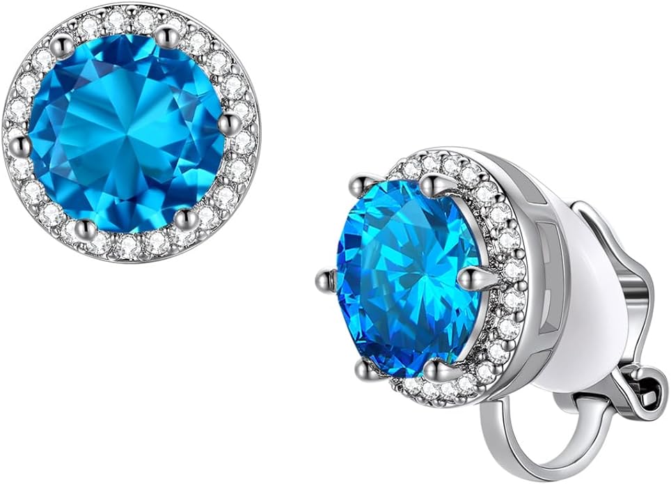 FindChic Sparkling Birthstone Clip On Earrings for Women, Silver Plated Stud Earrings 8MM Cubic Zirconia Non Pierced Studs, 12 Months Birthday Jewelry Gift