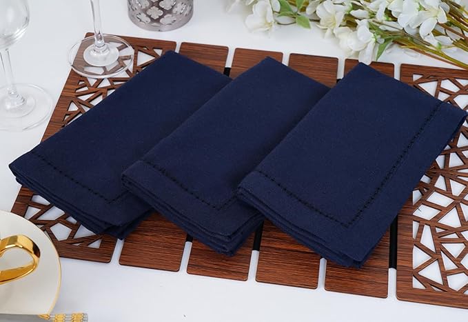 Blue Needles Navy Blue Hemstitch Linen Napkins Set of 12-100% Cotton Cloth Dinner Napkins 18x18 inches, Soft, Reusable, Absorbent, Washable Ideal for Fall Thanksgiving Events, Parties & Everyday Use
