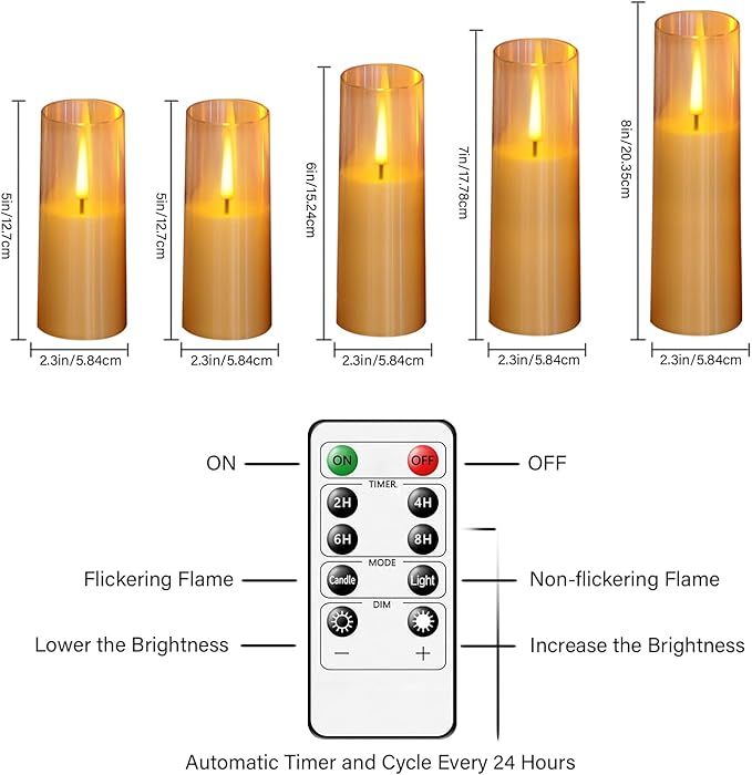 Flameless LED Candles, Battery Operated Upgraded Realistic 5 Pcs Flickering Flame Pillar Candles with Remote Timer, for Romantic Ambiance and Home Decoration (Gold)