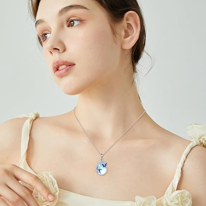 KQF Dragonfly/Butterlfy/Cat/Jellyfish/Bunny/Axolotl/Bee/Mermaid/Hummingbird/Elephant Necklace for Women Sterling Silver Moonstone Pendant Necklace Dragonfly Jewelry Gifts for Women