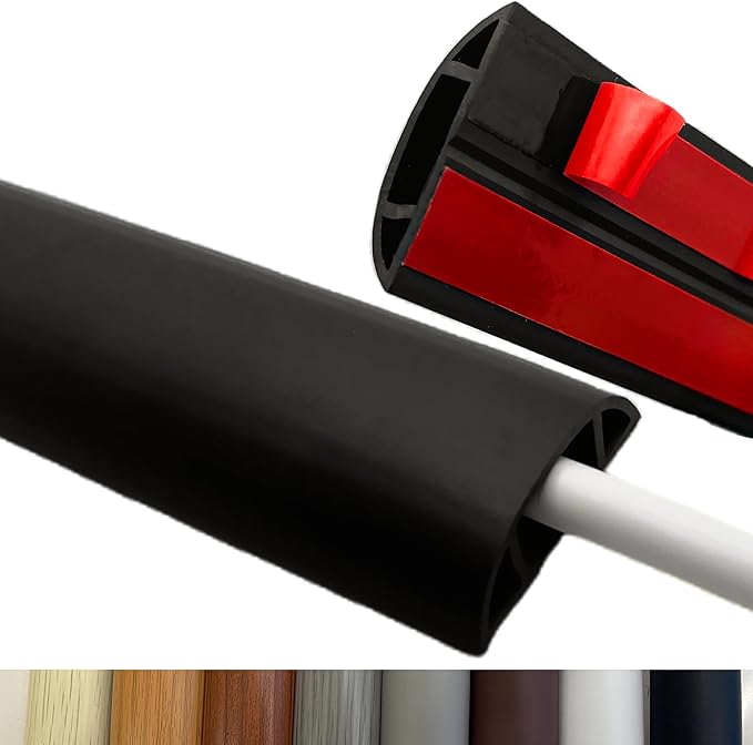 10ft Self Adhesive Floor Cord Cover,Cable Cavity:0.61" (W) x 0.32" (H),Heavy Duty Soft PVC Cable Protector and Extension Cord Hider,Cord Management System to Hide Wires on Floor,Black
