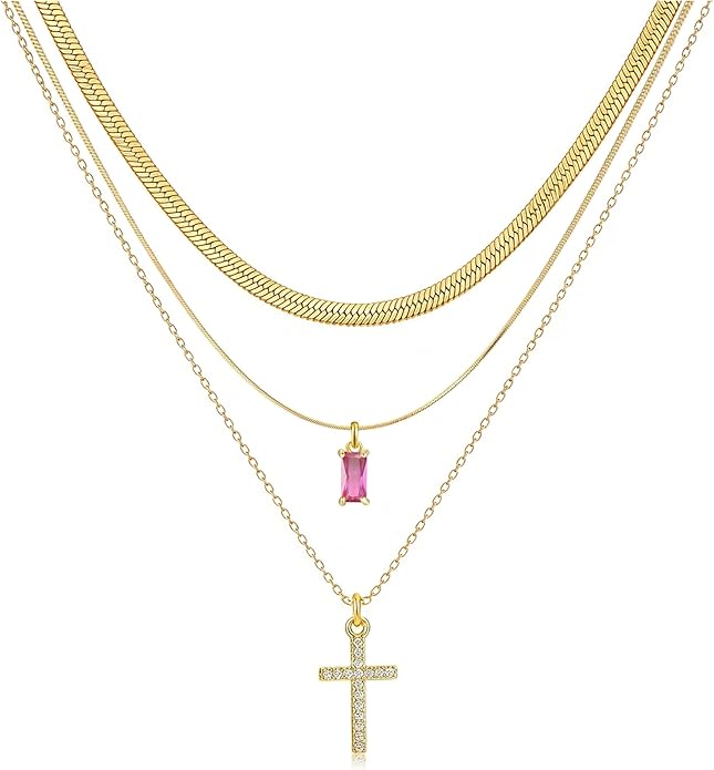 3Pcs Gold Layered Necklaces for Women, 14K Gold Plated Cross Necklace, Dainty Birthstone Necklace for Women, Herringbone Gold Necklaces Set, Stackable Women's Gold Pendant Necklaces Jewelry Set
