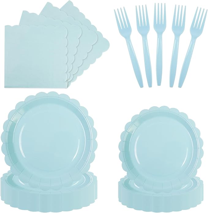 96PCS Blue Paper Plates and Napkins, 24 Guest Light Blue Disposable Tableware Set Include Scalloped Paper Plates Napkins and Forks Decoration Party Supplies for Baby Shower Wedding Birthday