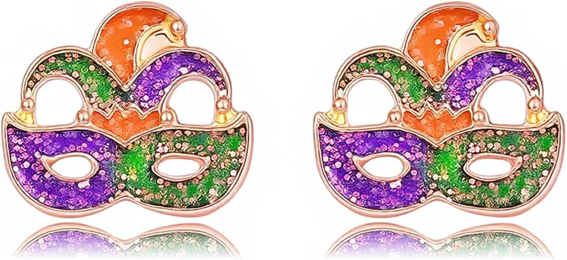 MardiGras Stud Earrings for Women Glitter Delicate Compact Flower Mask Hat Lips Stud Earring Charm Green Purple Gold Carnival Earring Cute MardiGras Jewelry Accessories for Women