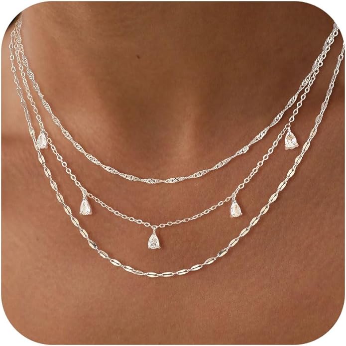 Layered Necklaces for Women, Dainty Gold Necklace Stack 14k Gold Plated Layering Cubic Zirconia Choker Necklaces for Women Trendy Simple Layered Gold Necklace Set Fashion Jewelry