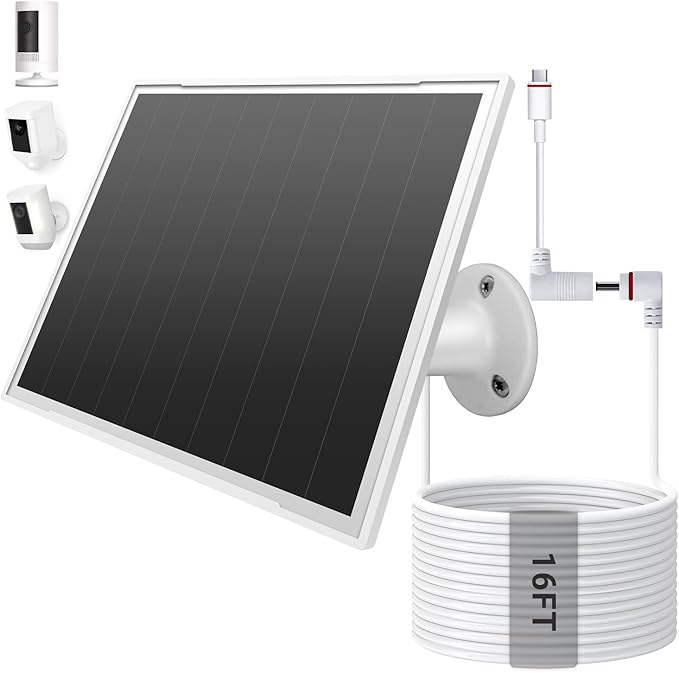 Solar Panel for Ring Camera, 8W High - Efficiency Solar Charger Compatible with Stick Up Cam & Ring Spotlight Cam (Battery) - Waterproof, 16ft Long Cable, DC3.5mm & USB C Ports, White