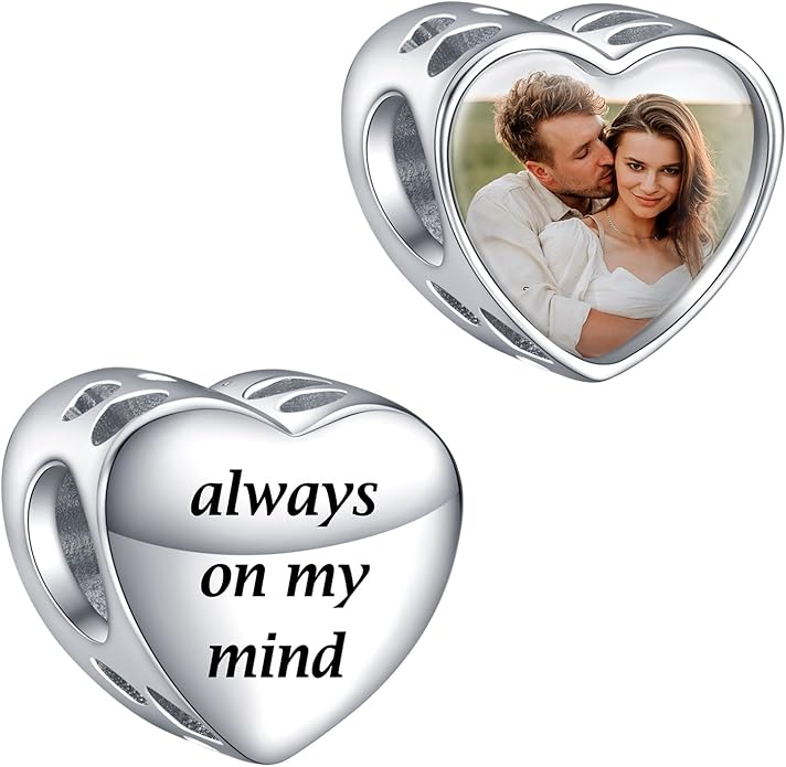 Annmors Personalized Photo Charms For Bracelets/Necklace 925 Sterling Silver Love Heart Shaped Engraved Customize Picture Gift for Birthday Mother's Day,Bead Charms Jewelry for Women