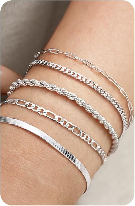 Krfy 5/6Pcs Gold Plated Bracelets for Women Trendy, S925 Plated Silver Bracelet Stack, Non Tarnish Waterproof Bracelets for Women, Paperclip Herringbone Figaro Cuban Twist Chains, Size 6.5''+2''