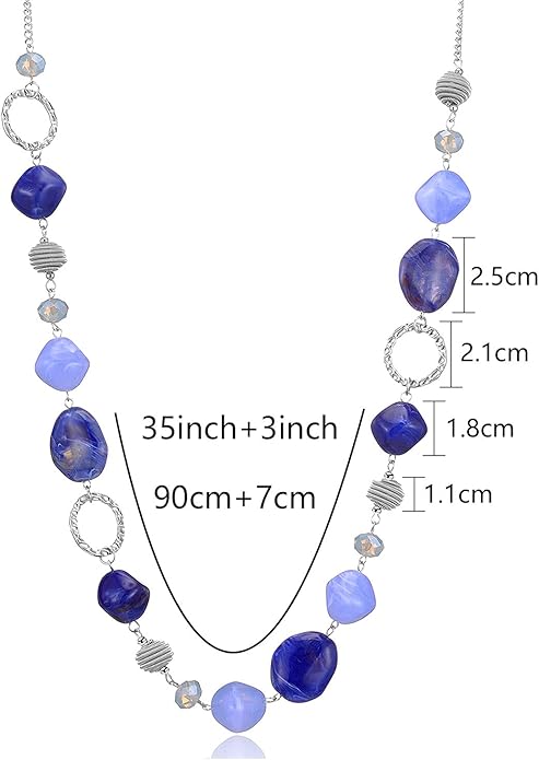 BULINLIN Beaded Long Necklace for Women Silver Sweater Chain Necklace with Crystal Resin Beads, Fashion Jewelry Necklace