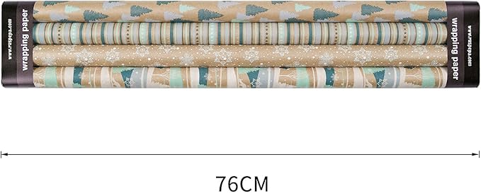 RUSPEPA Christmas Wrapping Paper, Kraft Paper - Reindeer, Stripe and Snowflakes in Blue Design - 4 Rolls - 30 inches x 10 feet per Roll