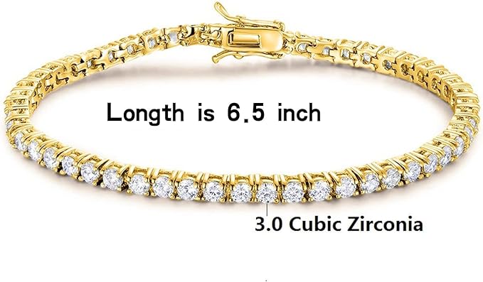 Gemsme 18K Gold Plated 3.0 Cubic Zirconia Classic Tennis Bracelet for Women and Men 6.5 Inch