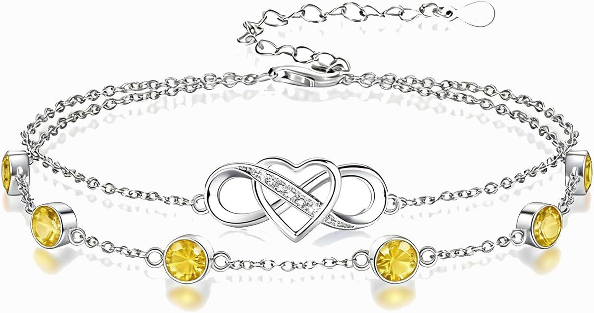 Prismata Infinity Birthstone Charm Link Bracelet 925 Sterling Silver Adjustable 12 Months Birthstone Infinity Bracelet Birthday Jewelry Gifts for Women Mom Her,with 7"+2" chain