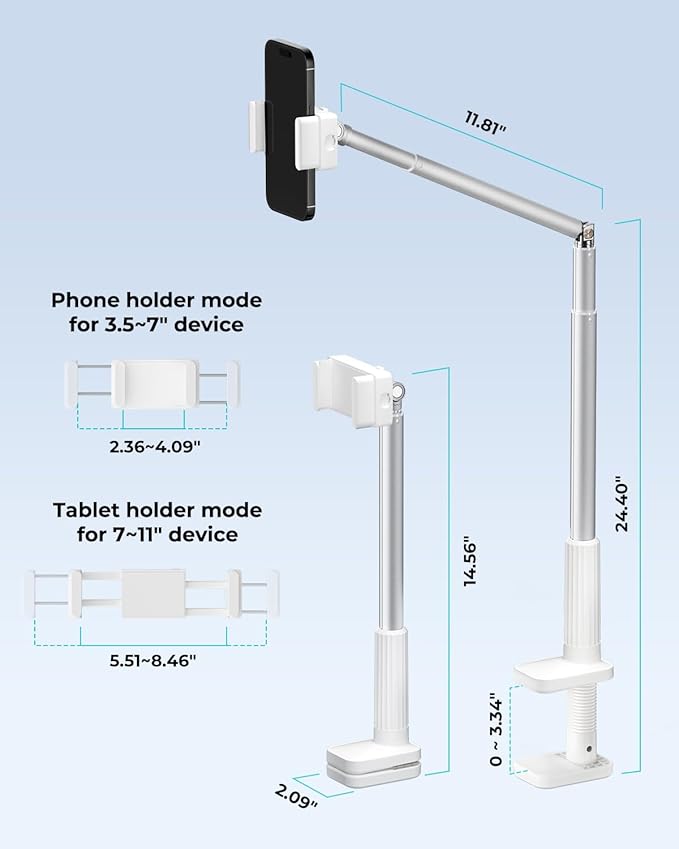 Viozon Tablet Holder Stand, Phone/Kindle Holder with Flexible Aluminum Alloy Long Arm, C Clamp for Headboard Bedside&Table, Compatible with 3.5-11" iPad,Kindle, iPhone 15 14 Plus/Pro Max,W