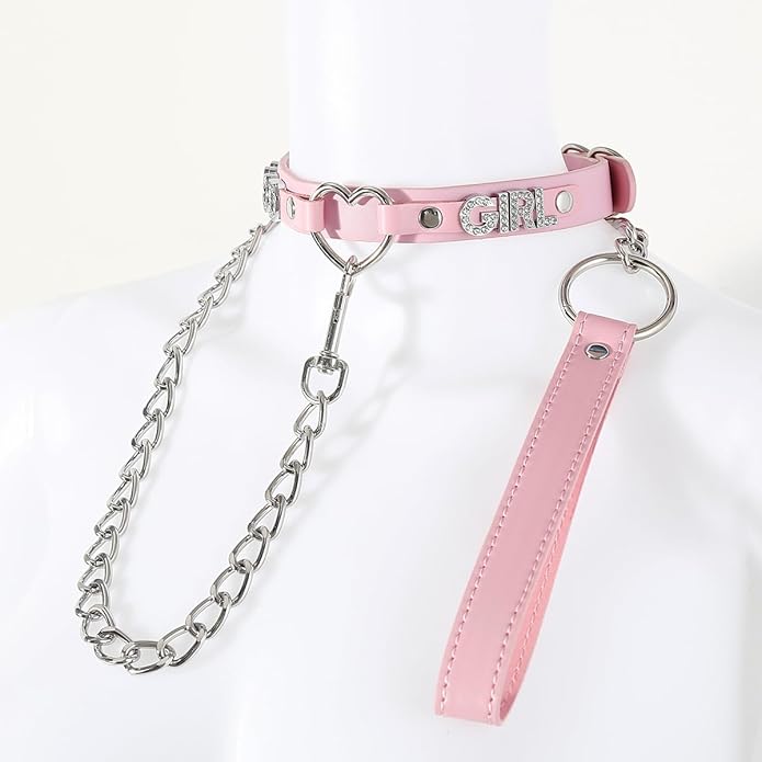 Succuba Handmade Heart Ring Rhinestone Letter Pu Leather Choker Collar Necklace for Women and Men