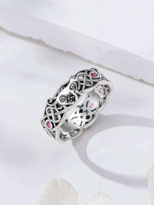 Seiyang Celtic Cat Ring 925 Sterling Silver Irish Trinity Knot Celtic Cat Wedding Promise Ring with 12 Months Birthstone Irish Lucky Jewelry Gifts for Women Mom Her
