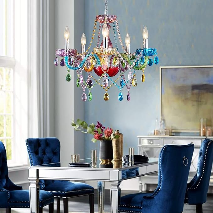 Saint Mossi Modern Colorful K9 Crystal Chandelier with 5 Lights, Contemporary Pendant Ceiling Lighting Fixture for Dining Room,Bedroom,Living Room,H19 x W19 with Adjustable Chain