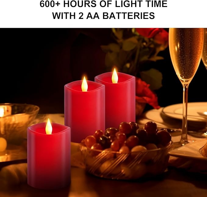 3x4 Flickering Flameless Candles Set of 3,Real Wax Pillar led Candles Flickering,4 inch Flameless Candles with Remote,for Party Wedding Holiday Home Decor,Red