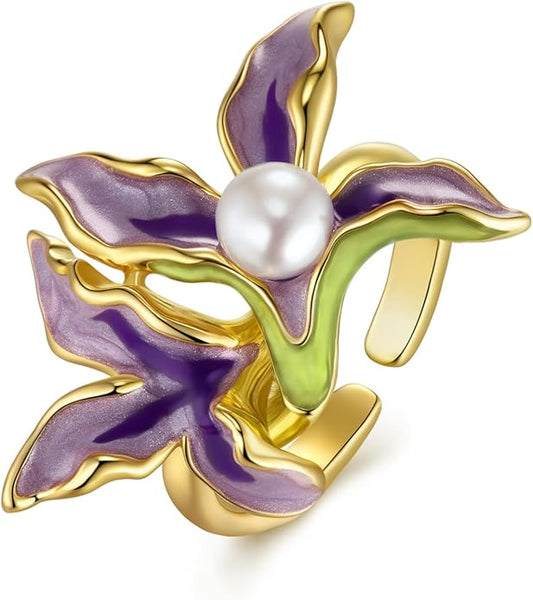 Gold Rose Pink Enamel Floral CZ FULLY ADJUSTABLE Statement Open Ring for Women by SNGIA, Daisy Orchid Flower Leaf Summer Beach Handmade Unique Pinky Band, Chunky Sunflower Stackable Cute Cuff Cocktail Ring Birthday Gift, Natural Bold Exaggerated Irregu...