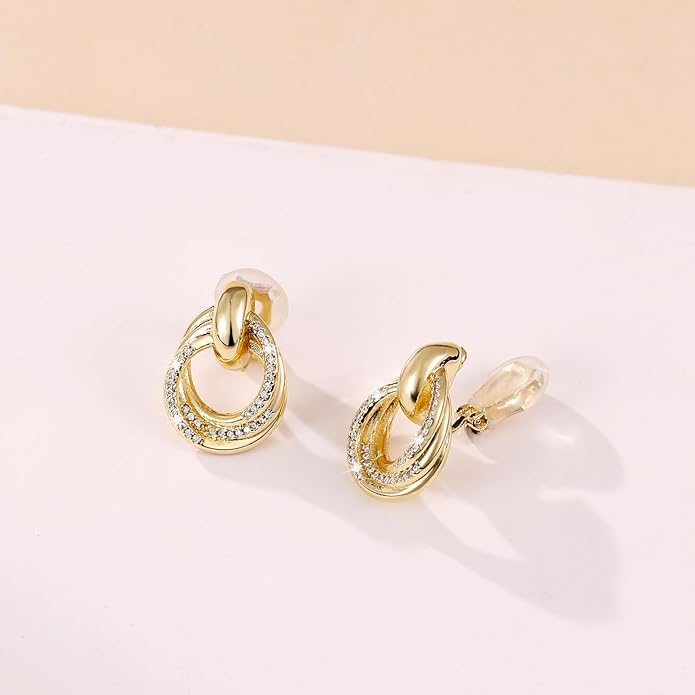 14K Gold Plated Chunky Clip On Earrings for Women 14k Gold Knot Link Clip Earrings Silver Rhinestone Hoop Clip On Earrings Jewelry for Women
